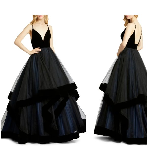 MAC DUGGAL TIERED VELVET & TULLE EMPIRE BLACK BALL-GOWN sz 12 - Picture 1 of 3